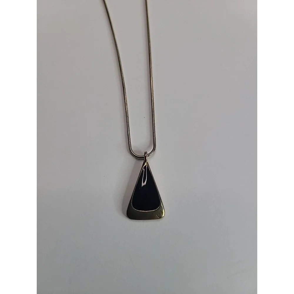 Vintage Gold Tone Black Enamel Geometric Pendant Necklace Snake Chain Minimalist